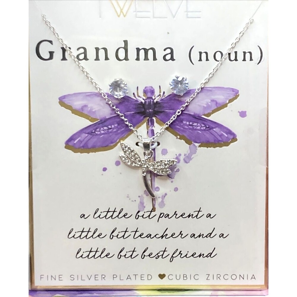 NIB Dragonfly Necklace earrings set fine silver plated cubic zirconia Grandma